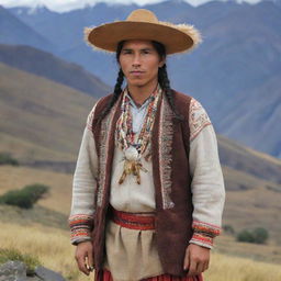 A 29-year-old indigenous Argentine from the northern region, in traditional attire, standing against the backdrop of the Andean landscape.