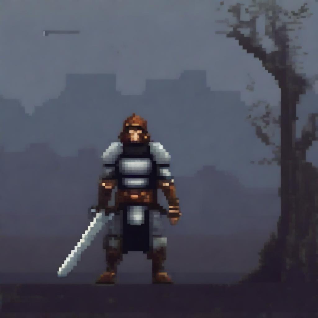 A dark, moody pixel art graphic featuring a warrior standing in a desolate landscape