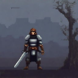 A dark, moody pixel art graphic featuring a warrior standing in a desolate landscape