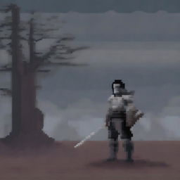 A dark, moody pixel art graphic featuring a warrior standing in a desolate landscape