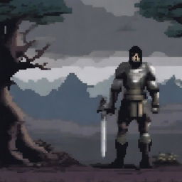 A dark, moody pixel art graphic featuring a warrior standing in a desolate landscape