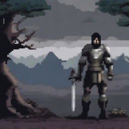 A dark, moody pixel art graphic featuring a warrior standing in a desolate landscape