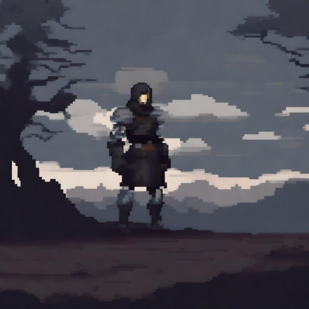 A dark, moody pixel art graphic featuring a warrior standing in a desolate landscape