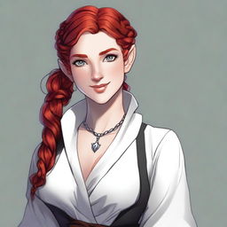 Create an image of a half-elf cleric with red hair styled in a French braid