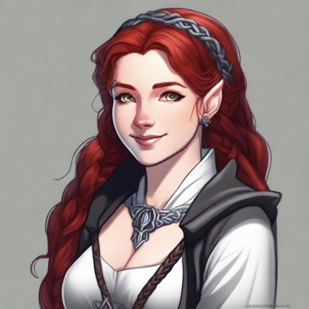 Create an image of a half-elf cleric with red hair styled in a French braid