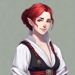 Create an image of a half-elf cleric with red hair styled in a French braid