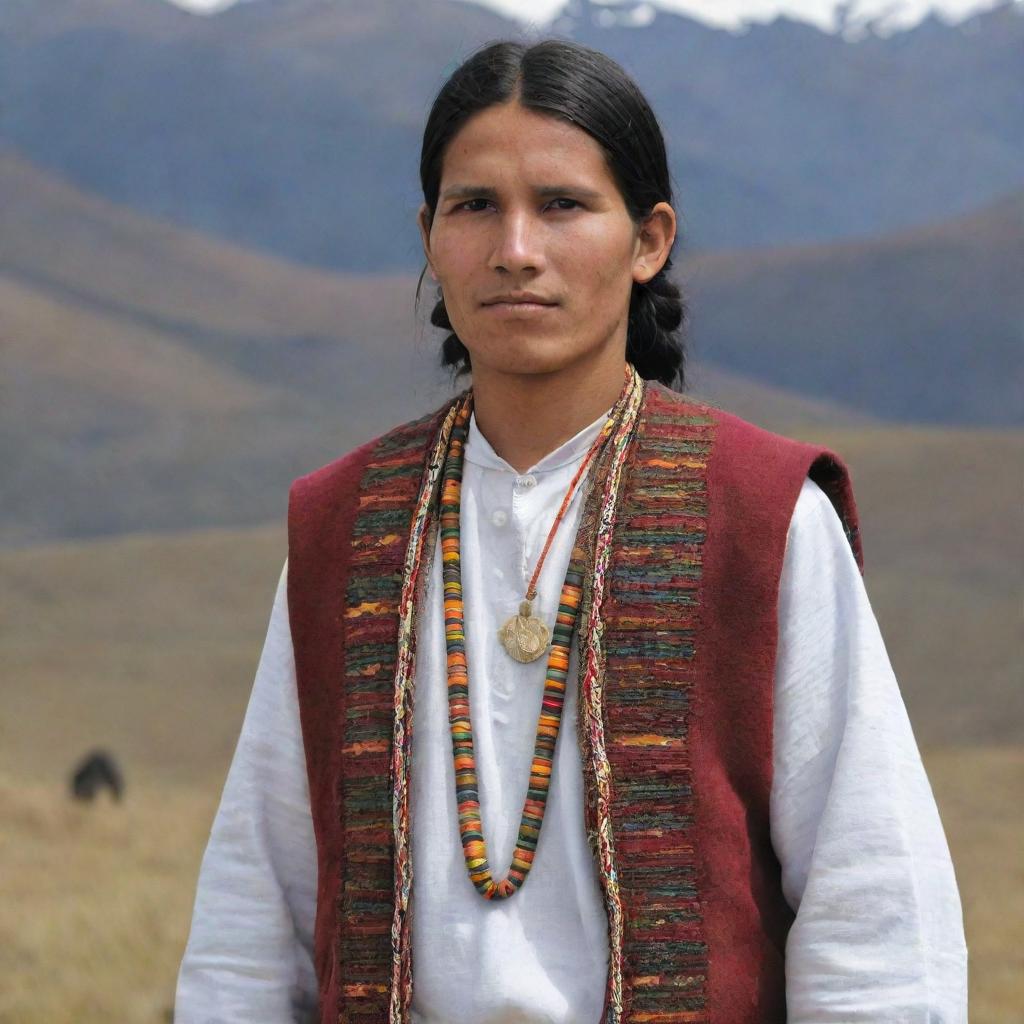 A 29-year-old indigenous Argentine from the northern region, in traditional attire, standing against the backdrop of the Andean landscape.