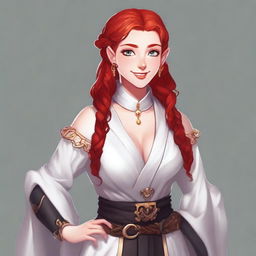 A half-elf cleric with red hair styled in a French braid, wearing white and black robes