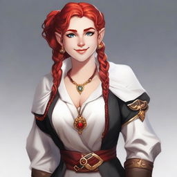 A half-elf cleric with red hair styled in a French braid, wearing white and black robes