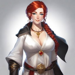 A half-elf cleric with red hair styled in a French braid, wearing white and black robes