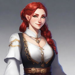 A half-elf cleric with red hair styled in a French braid, wearing white and black robes