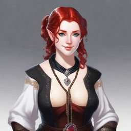 A half-elf cleric with red hair styled in a French braid, wearing white and black robes