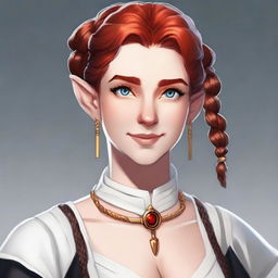 A half-elf cleric with red hair styled in a French braid, wearing white and black robes