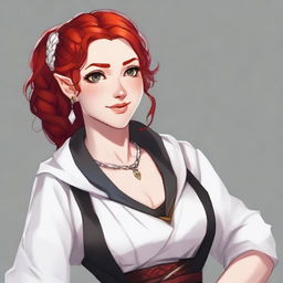 A half-elf cleric with red hair styled in a French braid, wearing white and black robes