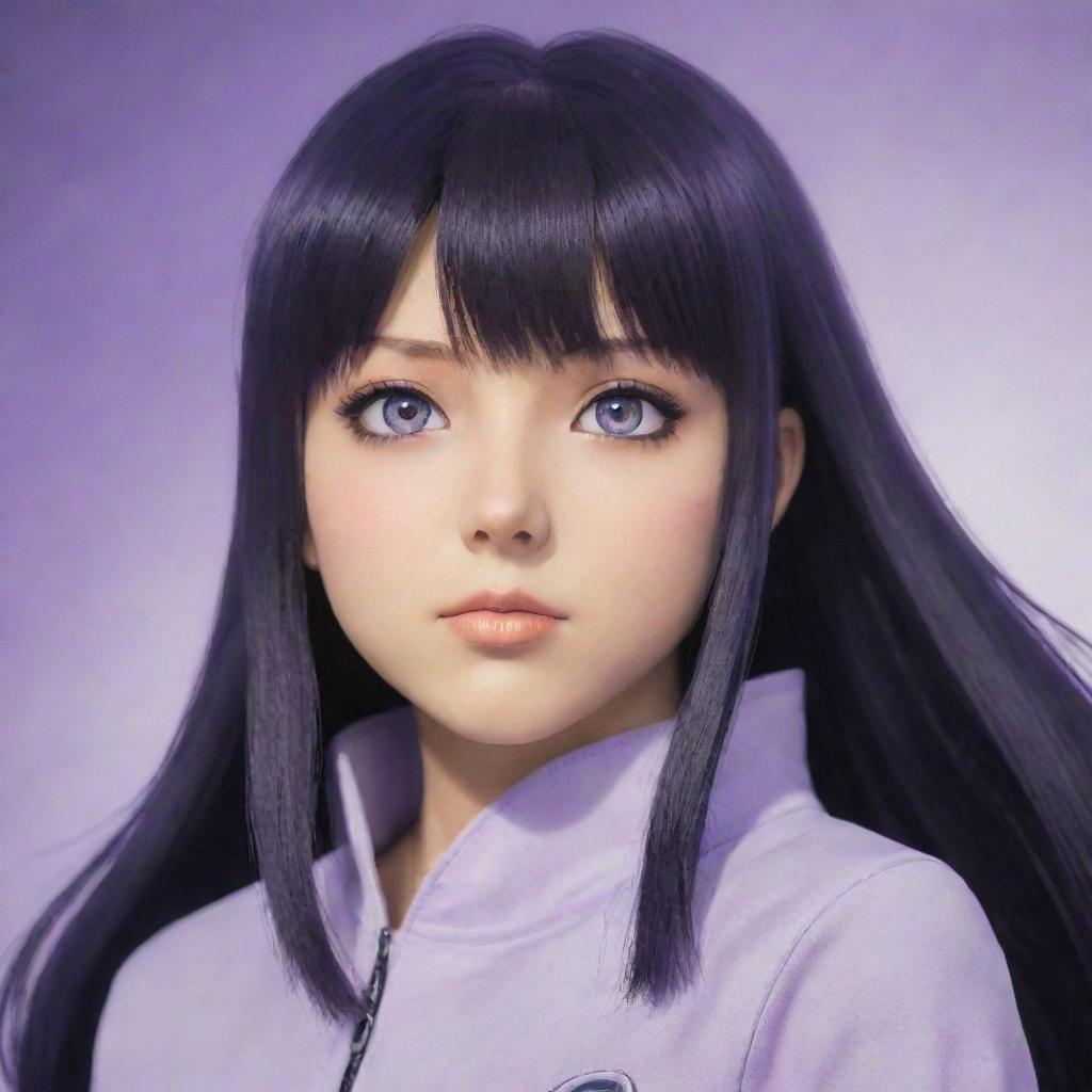 Hinata Hyuga from the anime series Naruto in her signature outfit, with lavender colored eyes, long dark hair, radiating a gentle and determined aura.