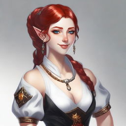 A half-elf cleric with red hair styled in a French braid, wearing white and black robes