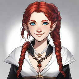 A half-elf cleric with red hair styled in a French braid, wearing white and black robes