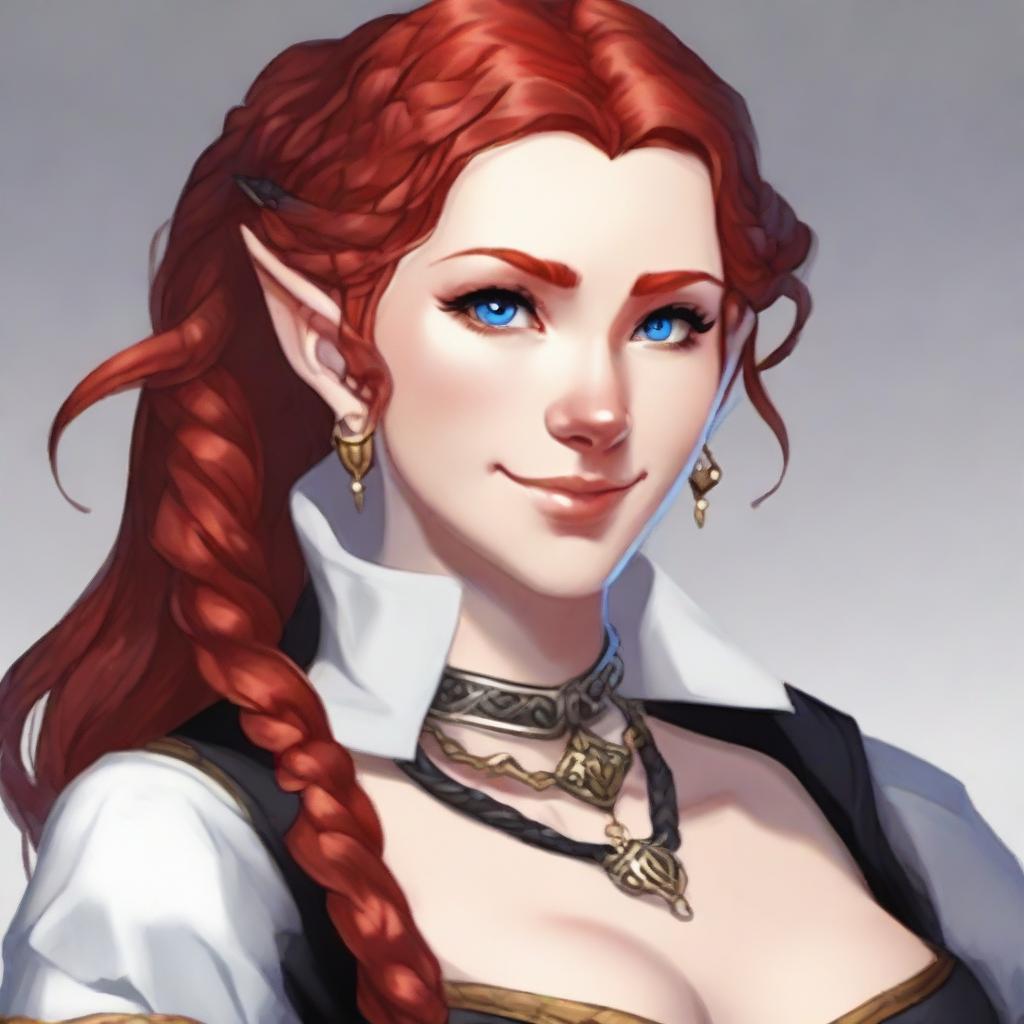 A half-elf cleric with red hair styled in a French braid, wearing white and black robes