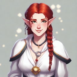 A half-elf cleric with red hair styled in a French braid, wearing white and black robes