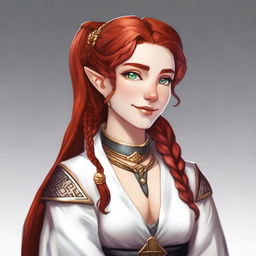 A half-elf cleric with red hair styled in a French braid, wearing white and black robes