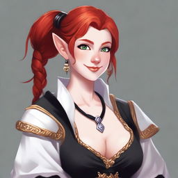 A half-elf cleric with red hair styled in a French braid, wearing white and black robes