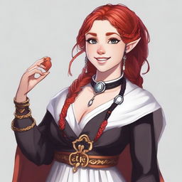 A half-elf cleric with red hair styled in a French braid, wearing white and black robes