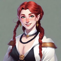 A half-elf cleric with red hair styled in a French braid, wearing white and black robes