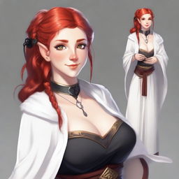 A half-elf cleric with red hair styled in a French braid, wearing white and black robes