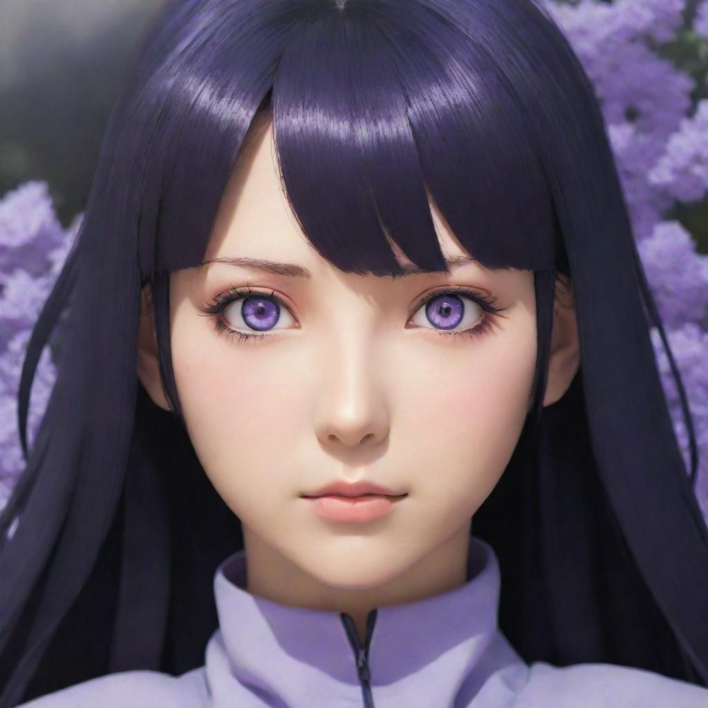 Hinata Hyuga from the anime series Naruto in her signature outfit, with lavender colored eyes, long dark hair, radiating a gentle and determined aura.