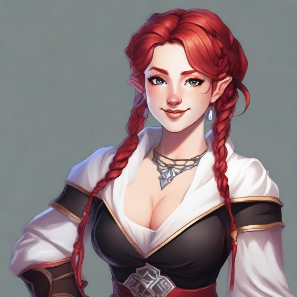 A half-elf cleric with red hair styled in a French braid