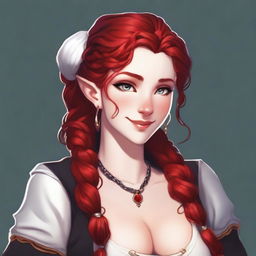 A half-elf cleric with red hair styled in a French braid