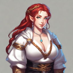 A half-elf cleric with red hair styled in a French braid