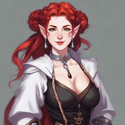 A half-elf cleric with red hair styled in a French braid