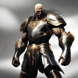 A majestic goliath fighter adorned in black, gold, and white armor