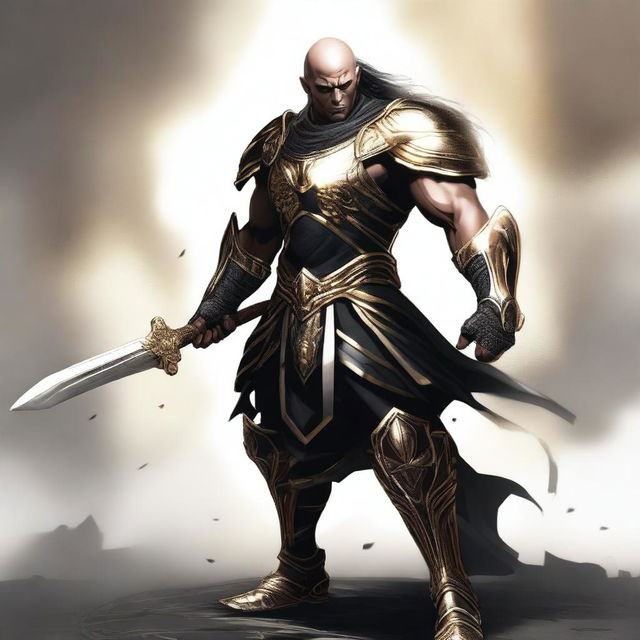 A majestic goliath fighter adorned in black, gold, and white armor