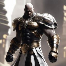 A majestic goliath fighter adorned in black, gold, and white armor