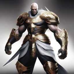 A majestic goliath fighter adorned in black, gold, and white armor