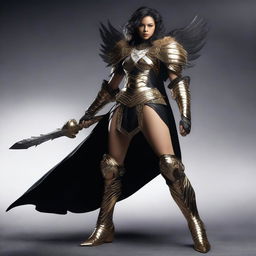 A powerful female goliath fighter dressed in black, gold, and white armor