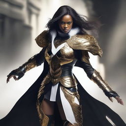 A powerful female goliath fighter dressed in black, gold, and white armor