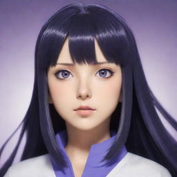 Hinata Hyuga from the anime series Naruto in her signature outfit, with lavender colored eyes, long dark hair, radiating a gentle and determined aura.