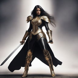 A powerful female goliath fighter dressed in black, gold, and white armor