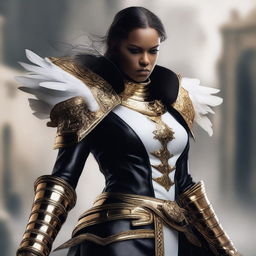 A powerful female goliath fighter dressed in black, gold, and white armor