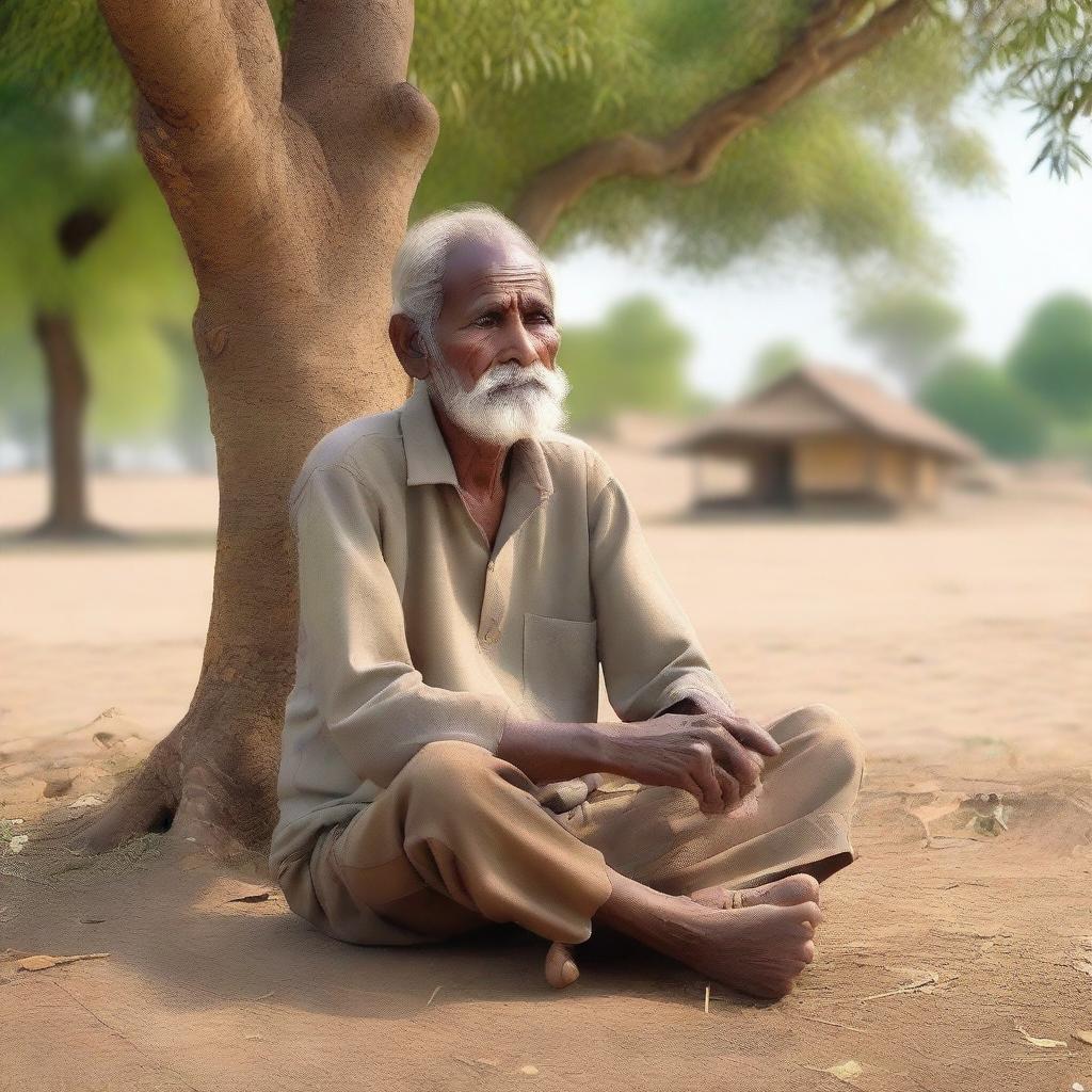 An old Indian man sitting under a tree, sharing his life struggles with a group of young people