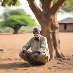 An old Indian man sitting under a tree, sharing his life struggles with a group of young people