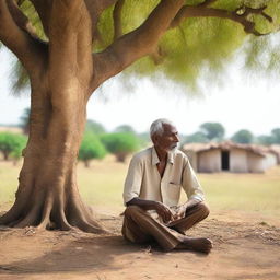 An old Indian man sitting under a tree, sharing his life struggles with a group of young people