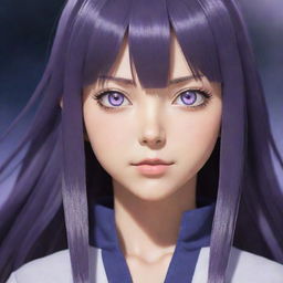 Hinata Hyuga from the anime series Naruto in her signature outfit, with lavender colored eyes, long dark hair, radiating a gentle and determined aura.