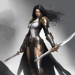 A powerful female goliath fighter with gray skin and jet black hair