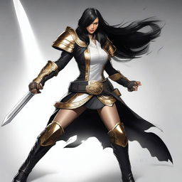 A powerful female goliath fighter with gray skin and jet black hair