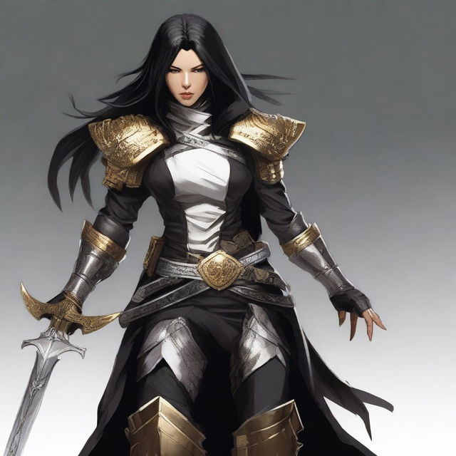 A powerful female goliath fighter with gray skin and jet black hair