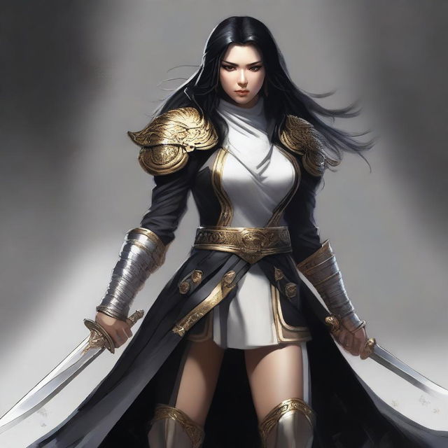 A powerful female goliath fighter with gray skin and jet black hair that is shaved on the sides